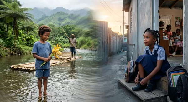 Split image: a boy wades in a river holding a plant while a man paddles a bamboo raft; on the right, a girl sits on a school doorway with classmates inside.
