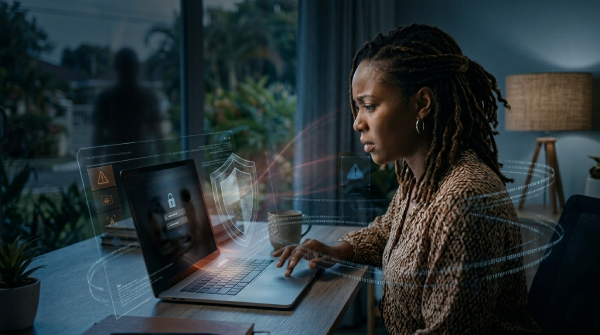Woman at a desk using a laptop, with holographic security shields and warning icons projected around the screen.