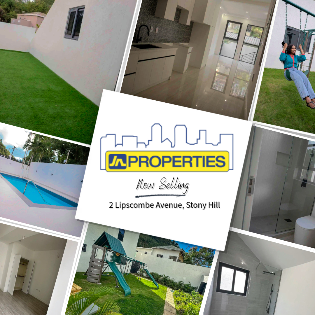 JA Properties property listing collage advertising 2 Lipscombe Avenue, Stony Hill, with interior and exterior photos and a pool area.
