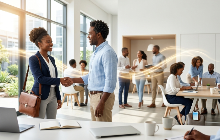 Two coworkers shake hands in a bright, modern office, with colleagues collaborating in the background and sunlight streaming through large windows.