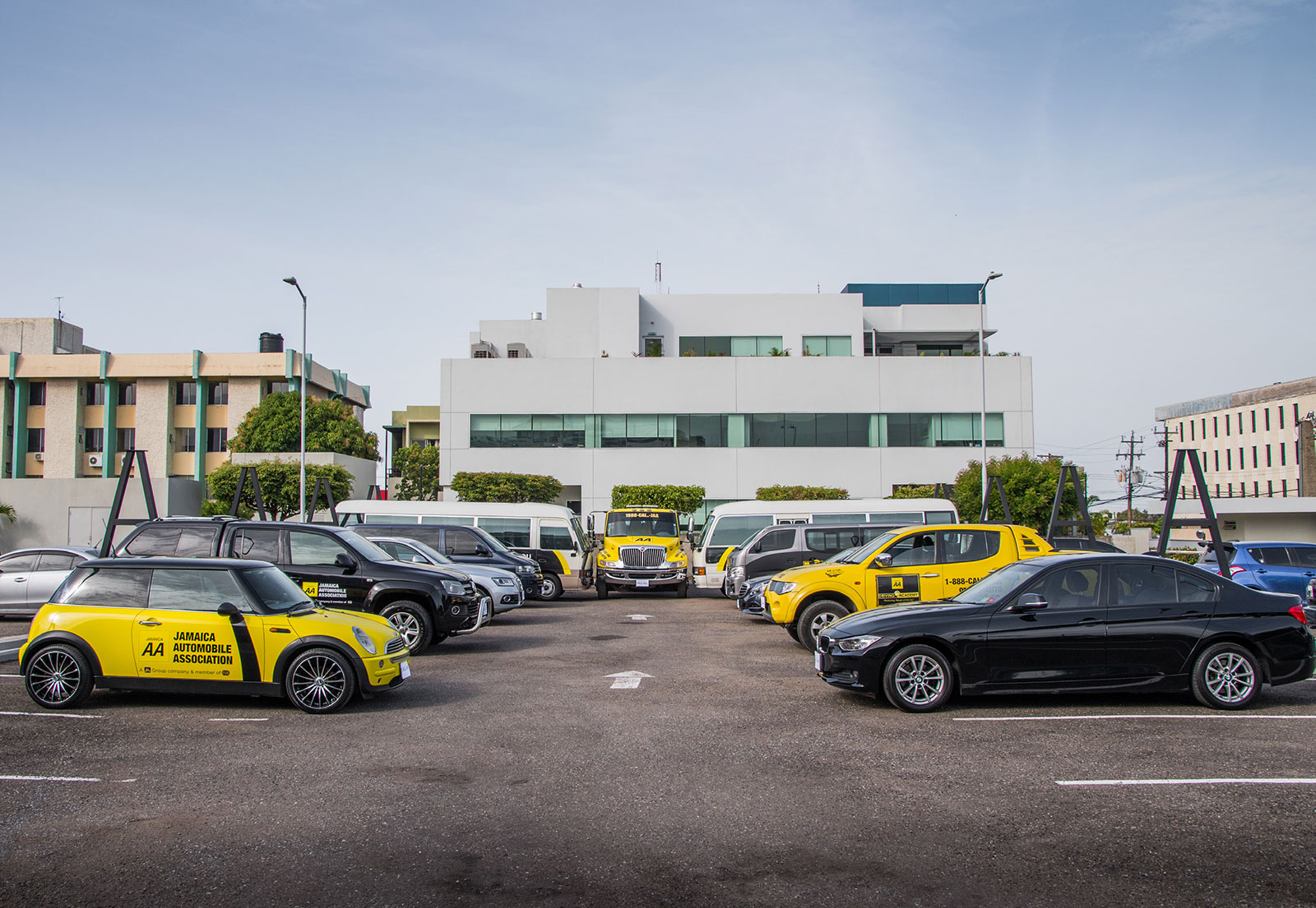 Row of yellow and black Jamaica Automobile Association cars parked in a lot in front of a modern white building with large windows.