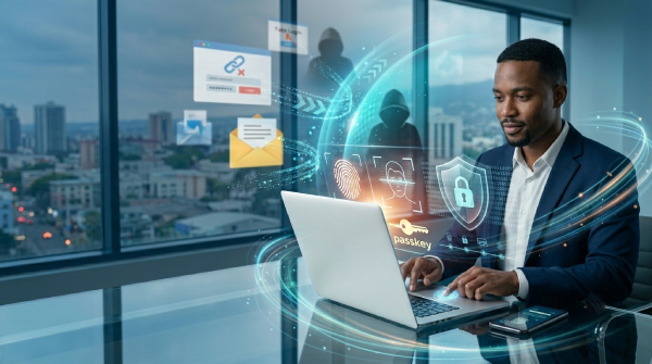 Businessman in a suit using a laptop with floating digital security icons and a city skyline in the background.