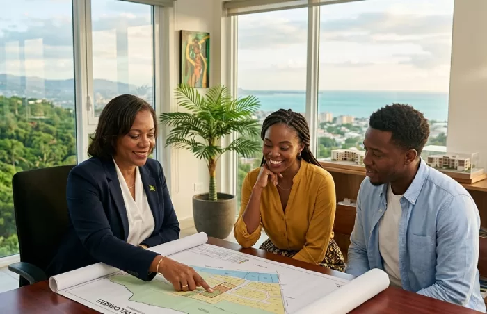 Three colleagues review a colorful site map on a conference table in a bright office with a city/ocean view.
