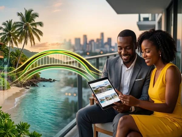 Smiling couple in business attire sits on a balcony, looking at a tablet with a tropical coast and city skyline in the background; glowing data lines arc across the scene.