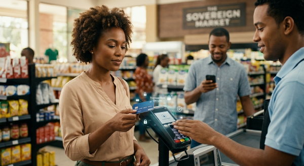 Black woman at a grocery store checkout completes a card payment at a touchscreen terminal as a cashier assists; other customers blurred in the background.
