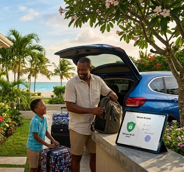 Father and young son with luggage by a blue SUV at a sunny beachside location; a tablet on a stand shows 'Secure Access'.