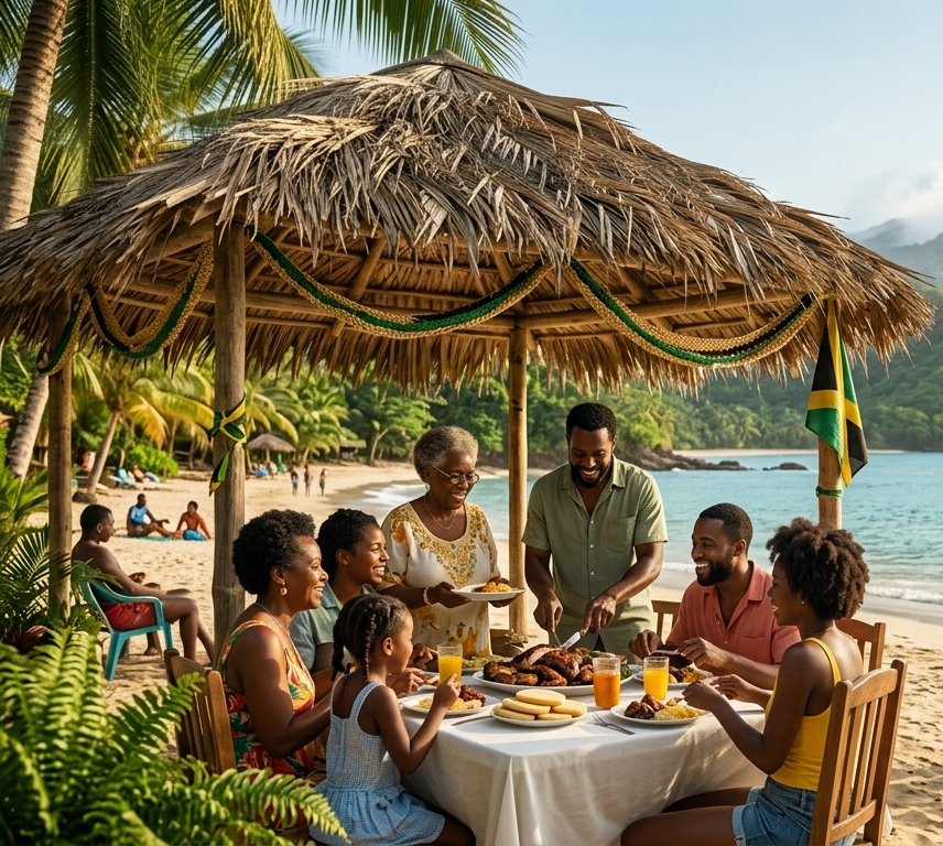 Family gathers around a beachside table under a palm-thatched shelter, sharing a meal and drinks.