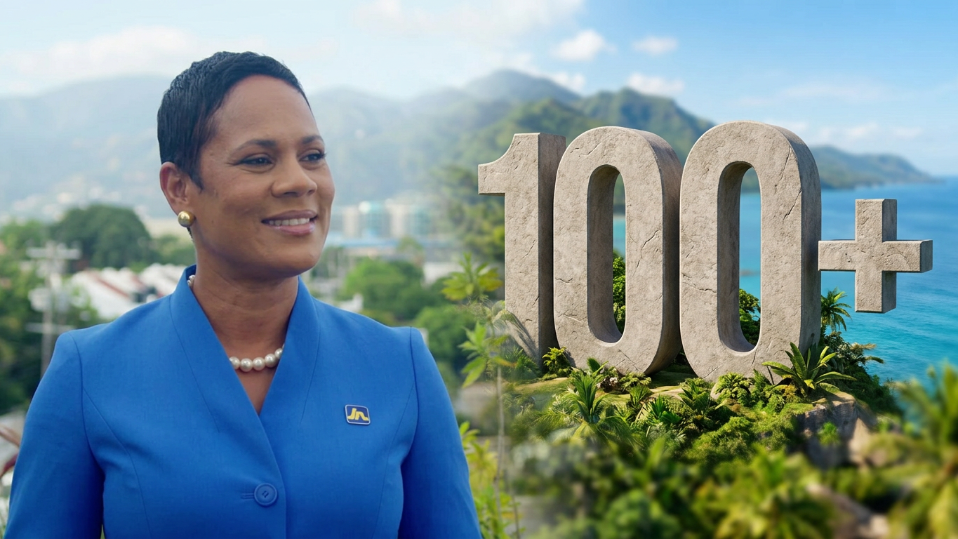 IMGhYKPSKKMnE - The Jamaica National Group Limited Professional woman in a blue blazer smiling outdoors beside a large '100+' stone sculpture on a tropical coastal backdrop.