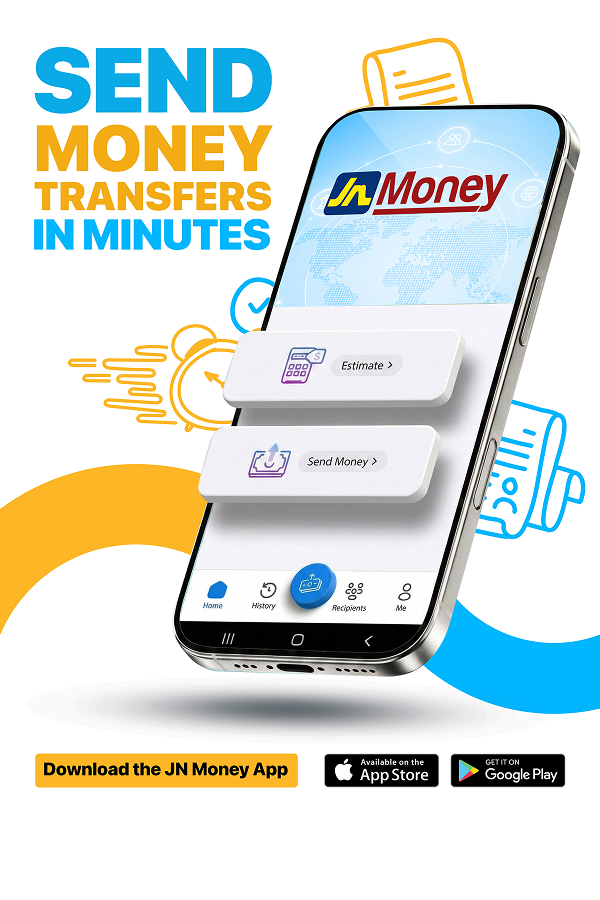 Promo for JN Money app: tilted smartphone showing 'Estimate' and 'Send Money' buttons, bold 'SEND MONEY TRANSFERS IN MINUTES' text, with download badges.