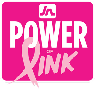 Logo for the'Power of Pink' breast cancer awareness campaign on a magenta badge featuring a pink ribbon and a small brand mark at the top.