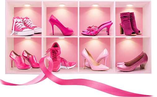 shoe_box 1 - The Jamaica National Group Limited Pink display cabinet with eight compartments showing pink shoes: sneakers, high heels, sandals, and boots in varying pink shades; pink ribbon in foreground.